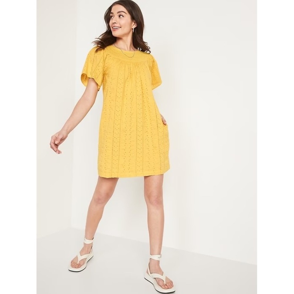 Old Navy Dress‎ Eyelet Smocked XL Yellow Womens Summer Cotton Shift Boho